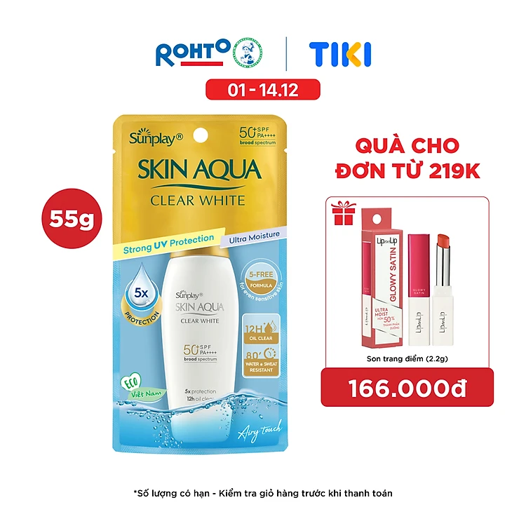 Kem chống nắng Skin Aqua dưỡng trắng, kiểm dầu, dùng hàng ngày dạng sữa Sunplay Skin Aqua Clear White Eco Việt Nam SPF50, PA++++ 55g