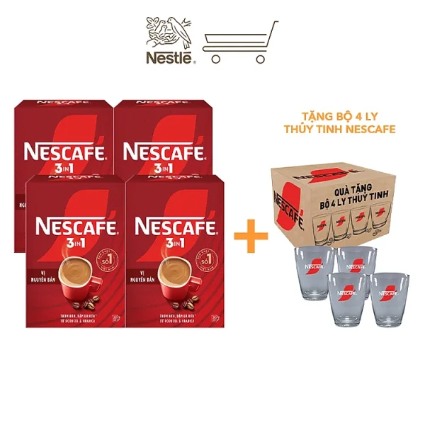 [Tặng Bộ 4 ly thủy tinh Nescafe] Combo 4 Hộp NESCAFE 3IN1 Công thức cải tiến - VỊ NGUYÊN BẢN Hộp 20 gói