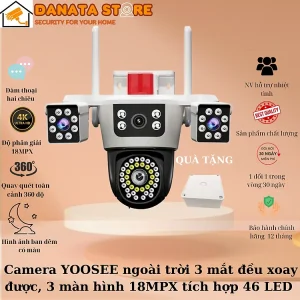 (Lỗi 1 đổi 1) Camera YOOSEE ngoài trời 4 mắt (xoay được 3 mắt), 3 màn hình độ phân giải 18MPX tích hợp 46 LED siêu nét - Hàng nhập khẩu