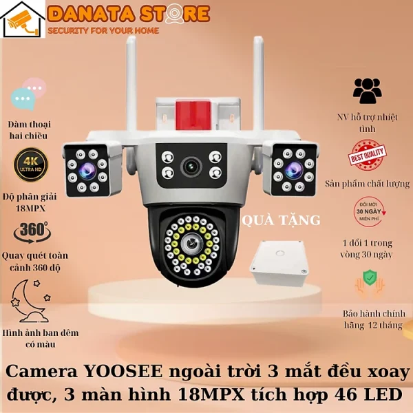 (Lỗi 1 đổi 1) Camera YOOSEE ngoài trời 4 mắt (xoay được 3 mắt), 3 màn hình độ phân giải 18MPX tích hợp 46 LED siêu nét - Hàng nhập khẩu