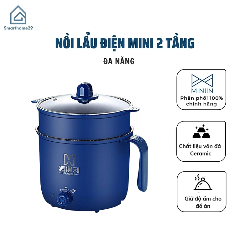 Nồi Lẩu Điện Mini Núm Xoay 2 Nấc Nhiệt Kèm Giá Hấp 1,8L, Ca Nấu Mì,Nấu Cơm Đa Năng 2 Tầng Cao Cấp- Chính Hãng MINIIN